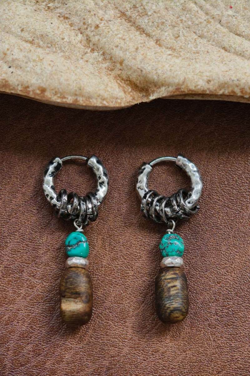 Orecchini Tibetani in Argento Placcato – Turchese Grezzo e Legno di Agarwood
