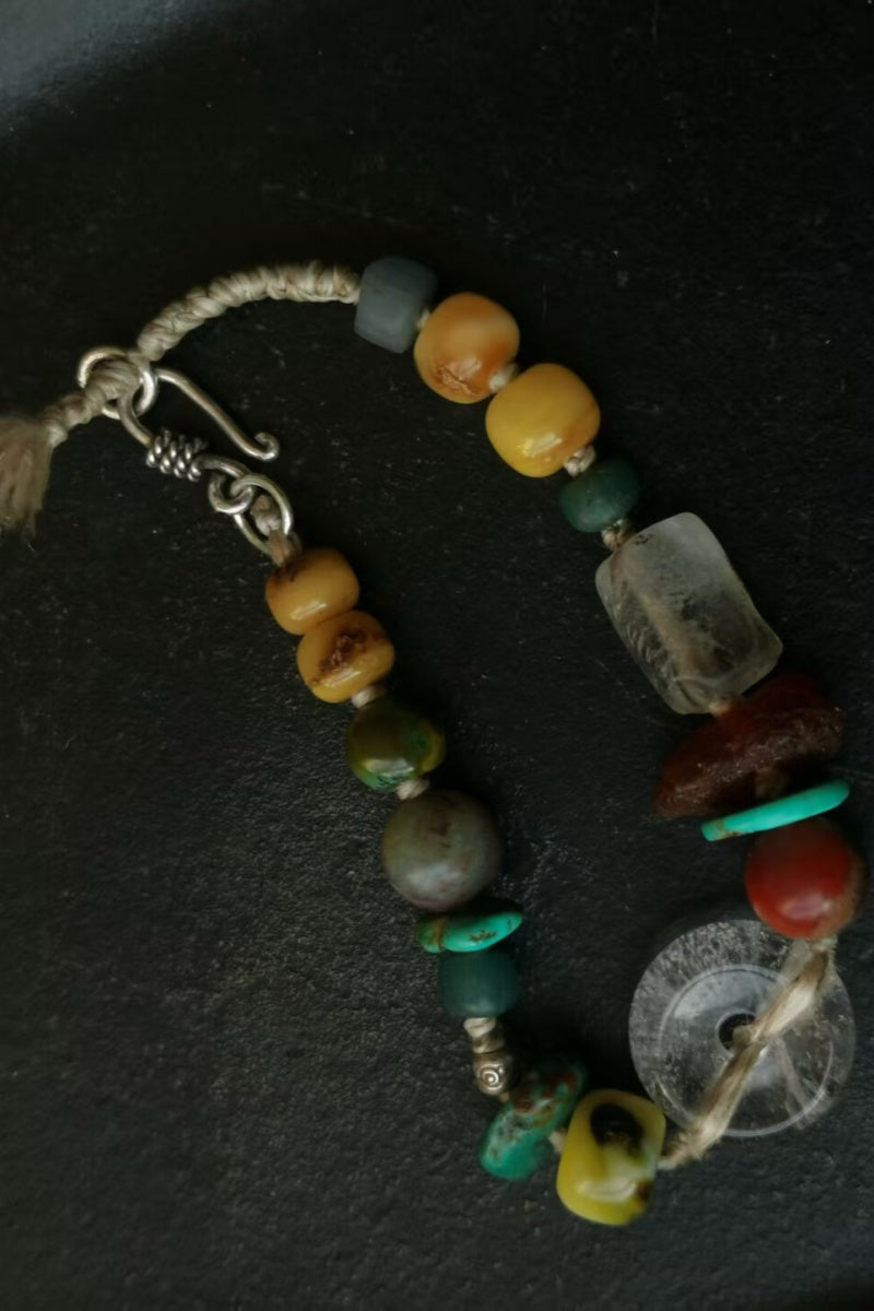 Arcobaleno Tibetano · Bracciale in Corda – Agate, Turchese e Ambra con Chiusura ad Uncinetto in Argento 925