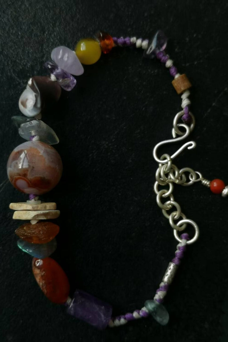 Bracciale Tibetano con Agata Multicolore Naturale - Tavolozza Terrosa Intrecciata a Mano in Argento 925