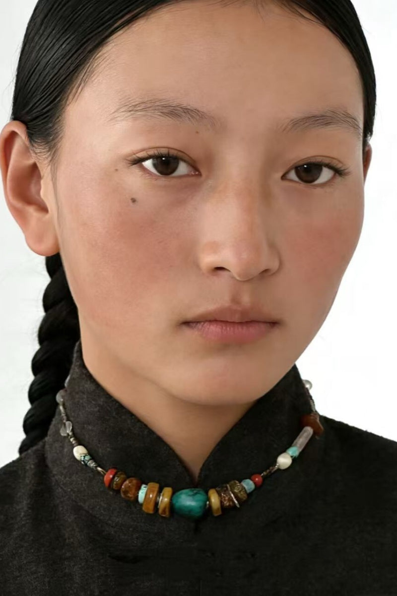 Collana Tibetana Artigianale con Ambra, Turchese e Osso di Yak